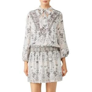 Parker Silvia Dress Silk Printed Long Sleeve Blouson Mini Ivory White Black XS